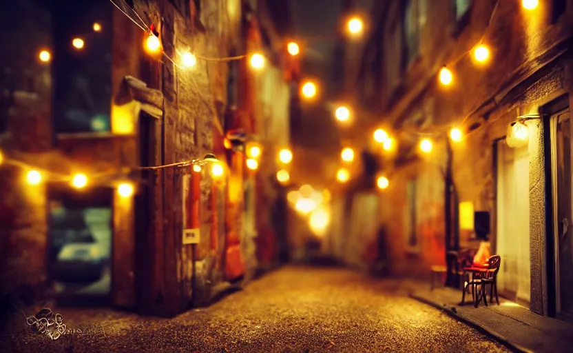 Image similar to mini cafe diorama macro photography, alleyway, ambient, atmospheric photograph, colorful string lights, romantic