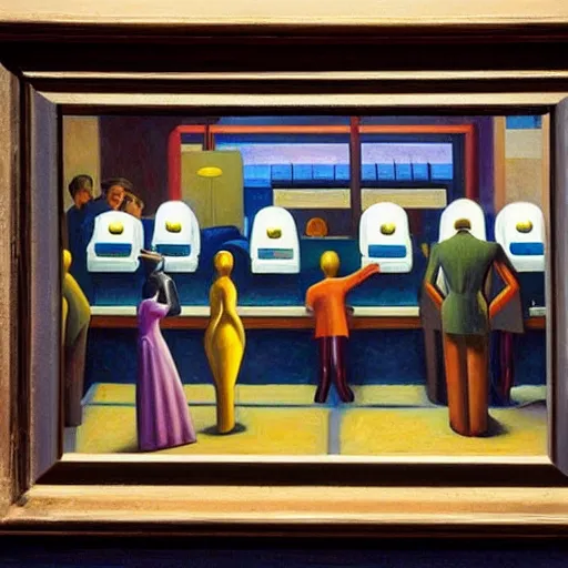 Image similar to robots queue up for ice cream,! grant wood!,! pj crook!, edward hopper, oil on canvas