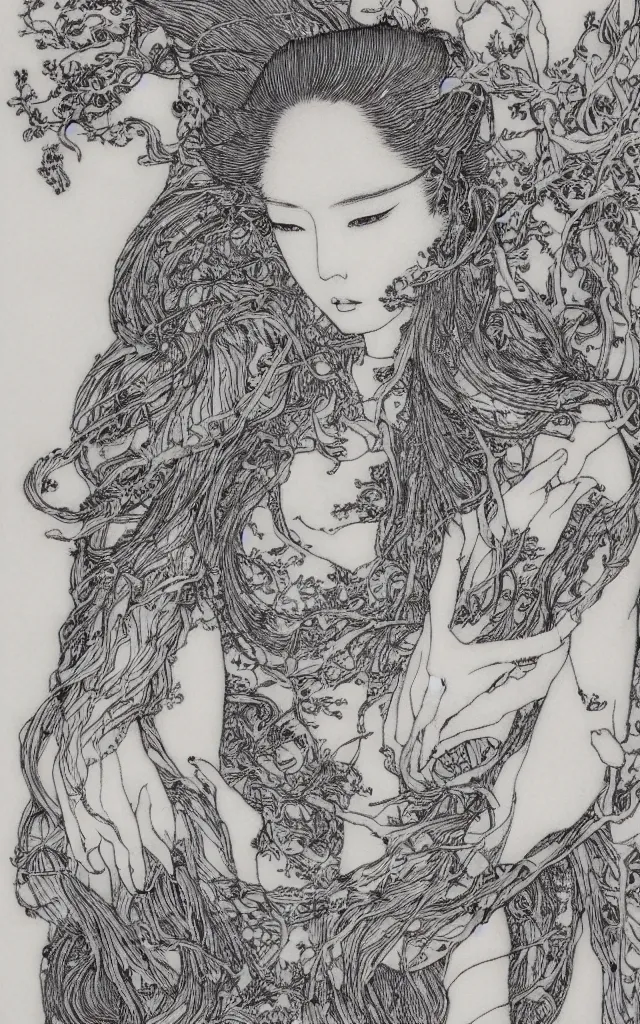 Prompt: delicate wolf spirit drawn by Takato Yamamoto, mystic eyes, clean ink detailed line drawing, intricate detail drawing, portrait