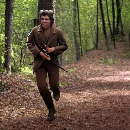 Image similar to 4 k photo of davy crockett running through woods with a flintlock