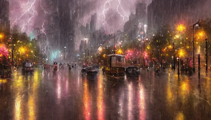 Image similar to city full of flowers during a thunderstorm with heavy rain, artstation