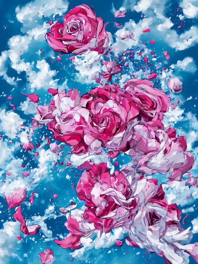 Image similar to hadouken of white and pink roses, flowers exploding and splattering, blue sky, big puffy clouds, spraypaint, wildstyle, totem 2, graffiti, exploding roses, large rose petals, lotus petals, large triangular shapes, studio ghibli anime, radiant lighting, artgerm, manga, trending on artstation, art nouveau, mature colors