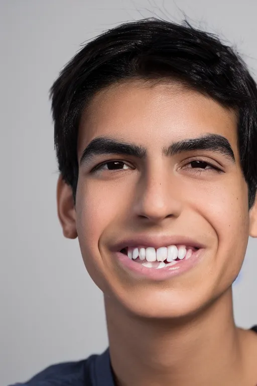 Image similar to close up headshot of an androgynous Hispanic teen male with medium length slightly wavy black hair a wide smile brown eyes a small nose tidy plucked eyebrows dark brown eyes and a diamond shaped face, high resolution film still, 8k, HDR color, gazing dark brown eyes, high cheek bones, trimmed eyebrows