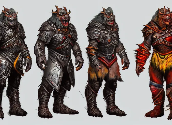 Image similar to three different views of orcs in armour, colourful concept art by senior character artist, trending on artstation, artstation hd, full body, ultra - realistic! intricate!