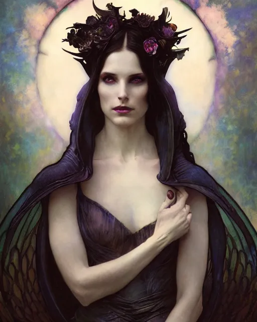 Prompt: daniel gerhartz, wlop, tom bagshaw, alfons mucha, detailed portrait digital painting of a beautiful serious villainess wearing fantasy clothing like liliana vess, villainess has black angel wings, evil mood, hellish battlefield in the background, embers flying, unreal engine, hyper realism, realistic shading, cinematic composition, blender render, ultrawide shot