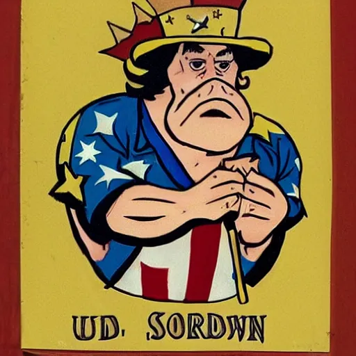 Image similar to a muscular pig wearing a gold crown fighting uncle sam in a city