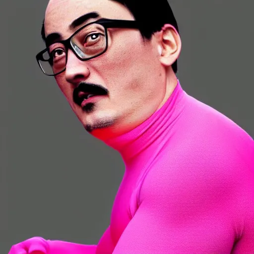 Image similar to A colored colorized real photograph of Filthy Frank as a middle aged guy in a pink morph suit, taken in the early 2020s, taken on a 2010s Camera, realistic, hyperrealistic, very realistic, very very realistic, highly detailed, very detailed, extremely detailed, detailed, digital art, trending on artstation, headshot and bodyshot, detailed face, very detailed face, very detailed face, real, real world, in real life, realism, HD Quality, 8k resolution, intricate details, colorized photograph, colorized photon, body and headshot, body and head in view