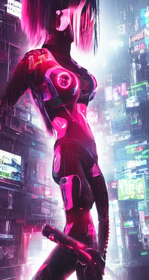 Prompt: An epic comic hyperrealistic full body shot portrait illustration of a cyber warrrior girl wearing futuristic wardrobe, black and reddis, ultradetailed face expression trending on artstation and artbreeder, cyberpunk 2077 color, heavy rainning at tokyo night, neon light rooftop, unreal 5, DAZ, 8k, unreal 5 engine render, cosplay, RPG portrait, final fantasy Vll world concept, dramatic lighting, rim lights, PS5 render quality
