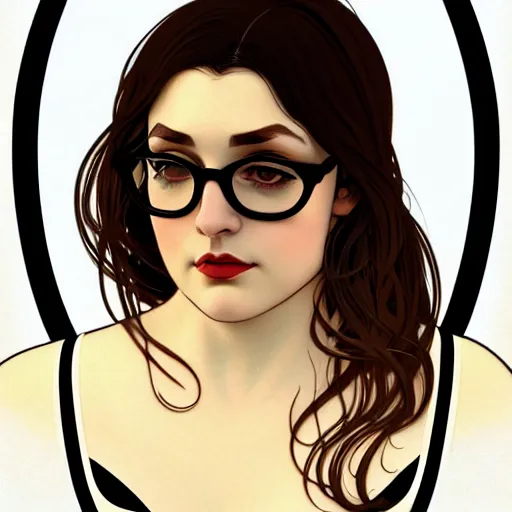 Prompt: portrait of a curvy stocky romanian woman, brown hair, messy bob, brown eyes, romanian, big nose, white glasses, glasses, white reading glasses, librarian, wide shot, digital art, alphonse mucha, loish, art nouveau, 8 k, trending on artstation