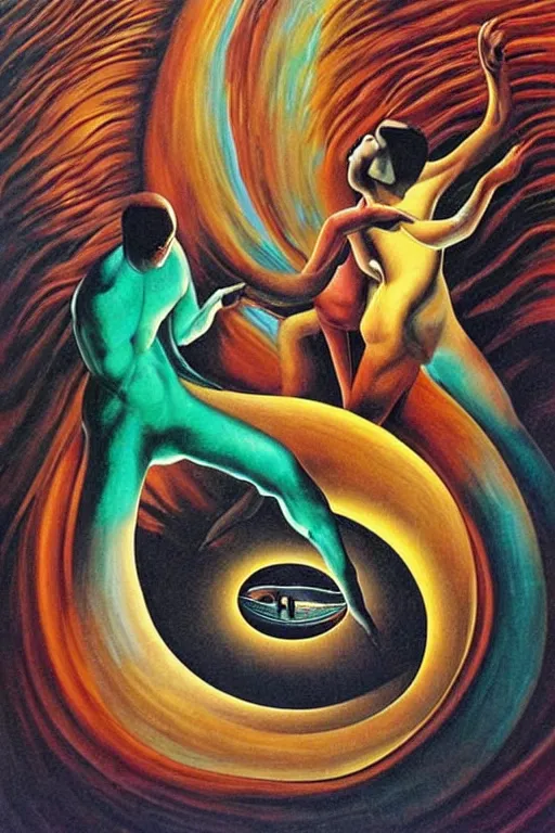 Image similar to optical illusion painting of a couple dancing in a worm hole, illusionism, look twice, mind blow, by damien gilley and salvador dali, detailed