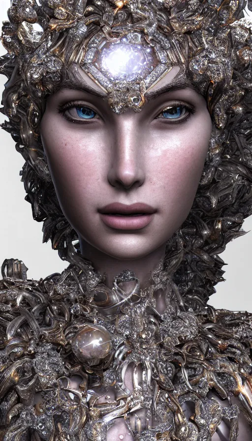 Image similar to full body detailed, ethereal, biomechanical, covered in diamonds and other gems glowing, highly detailed face, elegant posed, intricate, extremy detailed, beeple, cgsociety, 3 d unreal engine octane render. cinematic lighting, highly detailed 4 k art