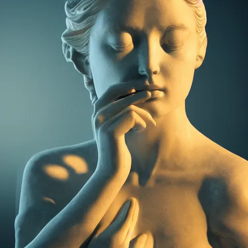 Prompt: artistic portrait of a crying female marble statue, art by alessio albi 8 k ultra realistic, sadness, lament, wings, lens flare, atmosphere, glow, detailed, intricate, full of color, led lighting, trending on artstation, 4 k, hyperrealistic, 3 5 mm, focused, extreme details, unreal engine 5, masterpiece