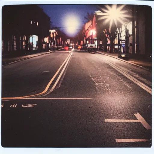 Image similar to colorful instant photograph of the middle of the street at night, polaroid, light leak, raw, nostalgic