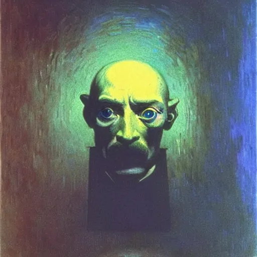 Image similar to A reinforcement learning agent recognizes itself in the mirror- contest-winning artwork by Salvador Dali, Beksiński, Van Gogh and Monet. Stunning lighting