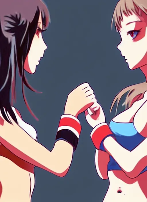 Prompt: two beautiful female fighters taunting each other, denim shorts, white top, dim lighting, gorgeous features, smooth, detailed anime art