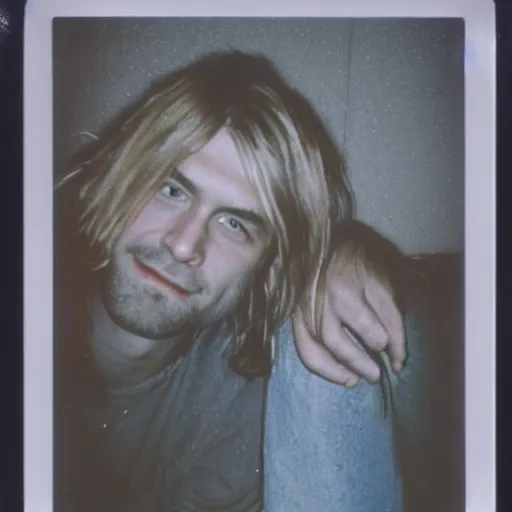 Image similar to polaroid of kurt cobain on a rainy night in seattle, raining! nighttime