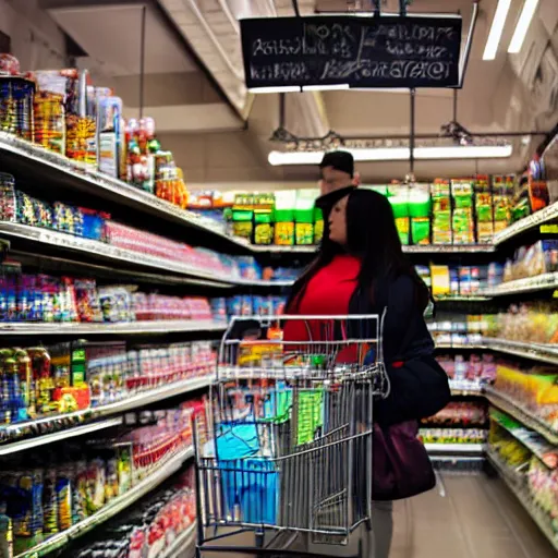 Image similar to mid shot of an alien buying groceries at the store shot by amanda carlson and alex strelkovv, professional photo, masterpiece, very detailed, hyper - realistic, cinematic, 4 k