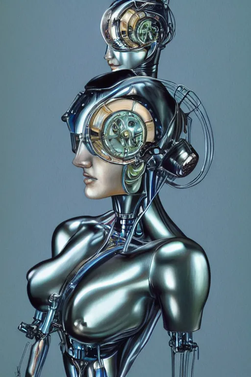 Image similar to a portrait of a gynoid with mechanical part by Hajime Sorayama, highly detailed, trending on artstation