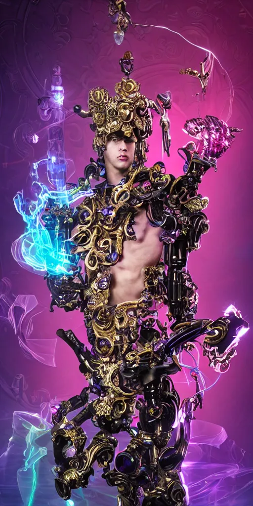 Image similar to full-body baroque and cyberpunk style sculpture of a young seductive Hispanic prince half android with a chest exposing a glowing gemstone battery and a CRT monitor face, glowing pink seductive laser eyes, crown of blue gears and diamonds, swirling salmon-colored silk fabric, robotic raptors dinosaurs. baroque elements. full-length view. intricate artwork by caravaggio. art by Artgerm and Greg Rutkowski and Alphonse Mucha and Tooth Wu and Beeple, Trending on artstation, cinematic industrial lighting, hyper realism, octane render, 8k, depth of field, 3D