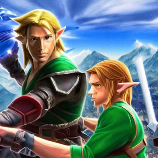 Prompt: Keanu reeves in hyrule as link fighting Donald Trump as Gannon realistic detailed image high resolution photo