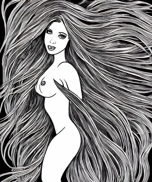 Prompt: black and white illustration, beautiful mermaid with flowing hair