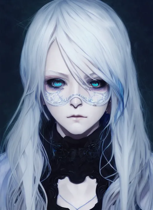 Image similar to highly detailed anime krenz cushart portrait art of a half skull face, white hair, black and blue eyes, white shirt, ross tran, vd, intricate, digital art, sharp focus, illustration, alphonse mucha