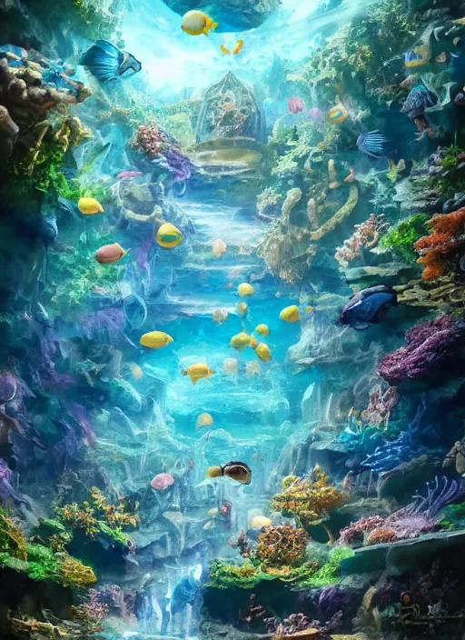 Prompt: people observing lots of beautiful fish in an underground aquarium corridor, in the style of andreas hoher, fantasy art, ray tracing, water droplets, highly detailed, artstation trend, highly detailed and intricate, sharp focus, photography, unreal engine 5