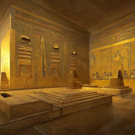 Prompt: an ancient egyptian room entirely made of gold, concept art, architecture design, pyramids, art by greg rutkowski