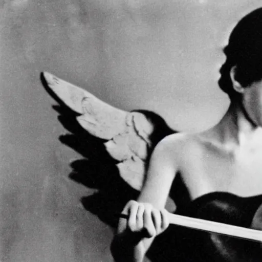 Prompt: broken wing angel playing a violin, noir film, vintage photo, blurred image, cyborg