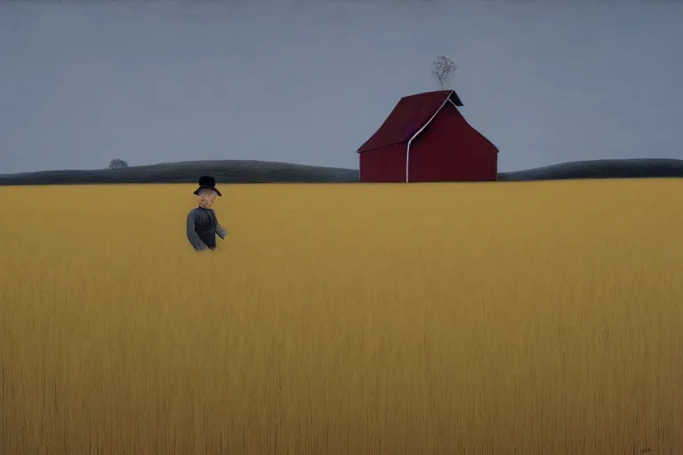 Prompt: a wheat field with a scarecrow and a barn artwork by tim eitel