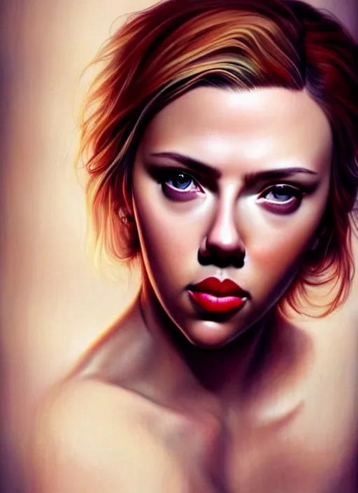 Image similar to full body gorgeous Scarlett Johansson, realistic character concept, full body pose, tattoos, autumn, makeup, shorter neck, illustration, symmetrical eyes and body, cinematic lighting, detailed realistic symmetrical eyes, artgerm, Joshua Middleton, single face, insanely detailed and intricate, beautiful