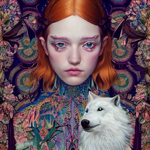 Image similar to pretty model with white wolf, white lilies : : by martine johanna and simon stalenhag and chie yoshii and casey weldon and wlop : : ornate, dynamic, particulate, rich colors, intricate, elegant, highly detailed, vogue, wolf, harper's bazaar art, fashion magazine, smooth, sharp focus, 8 k, octane render