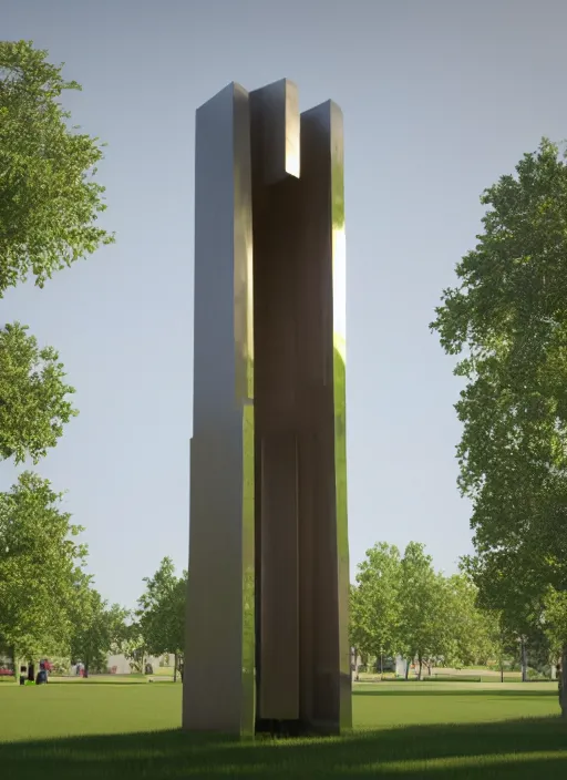 Prompt: highly detailed realistic architecture 3 d render of a futuristic mirrored stele monument in frank lloyd wright style standing in city park, archdaily, made in unreal engine 4 octane render