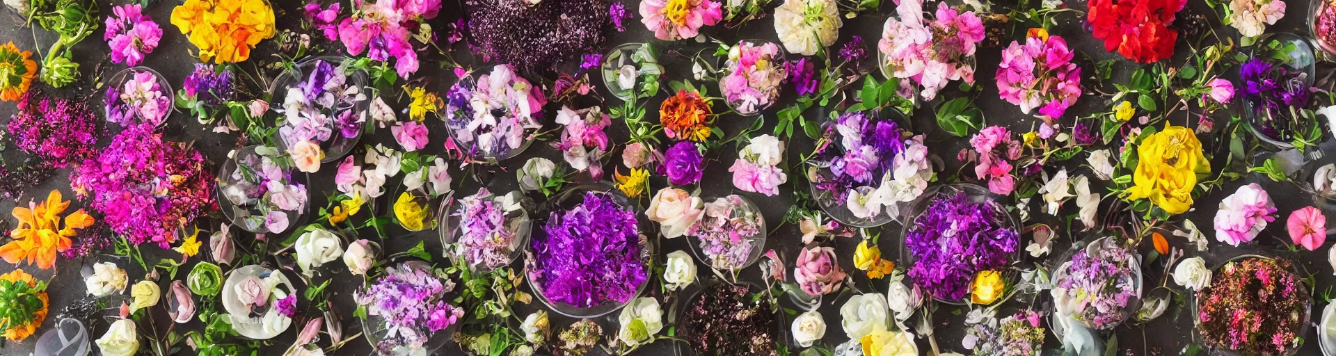 Image similar to a knolling of beautiful alien flowers of all different kinds and varieties, overhead view, flatlay
