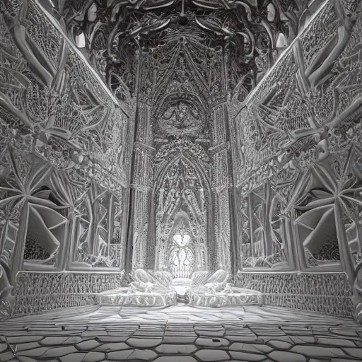Prompt: a photograph of a massive sprawling fractal cathedral interior populated by mandelbrot fractals, unreal engine, carved soap, white color scheme, volumetric lighting, ambient lighting, octane render, glowing, carved marble, opalescent, carved wood, depth of field, sacred geometry, religious, angelic, catholicpunk, photorealism, 8 k, ultra detailed