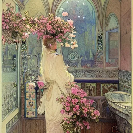Prompt: a beautifull intricate watercolour painting of a victorian bathroom with many flowers, reflexions, verry high details by william turner art, greg rutkowski and alphonse mucha, trending on artstation, very very detailed, masterpiece,