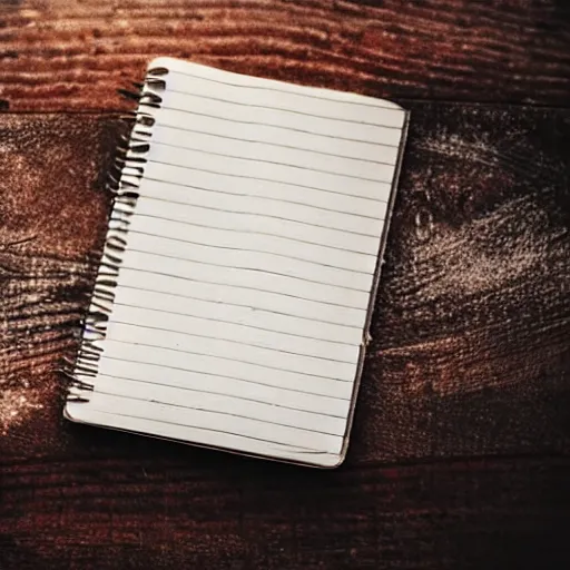 Image similar to highly detailed close up photo of an old worn notebook on wooden table, old table, feather pen, light coming out of near window, moody lighting, dust in air