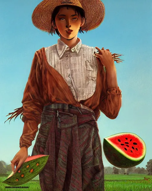 Image similar to a scarecrow using a shirt with an amazing texture, holding a watermellon, patterns on shirts, gentle, posing, watermelon farm, vaporwave, bedroom, highly detailed, digital painting, artstation, concept art, smooth, sharp focus, illustration, art by artgerm and greg rutkowski and alphonse mucha