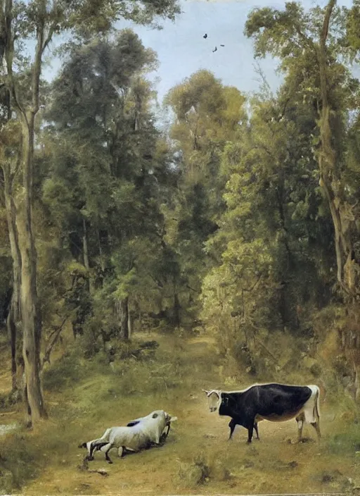 Image similar to artwork painting of a lush environment, a cow is grazing by eugene von guerard, ivan shishkin, john singer sargent