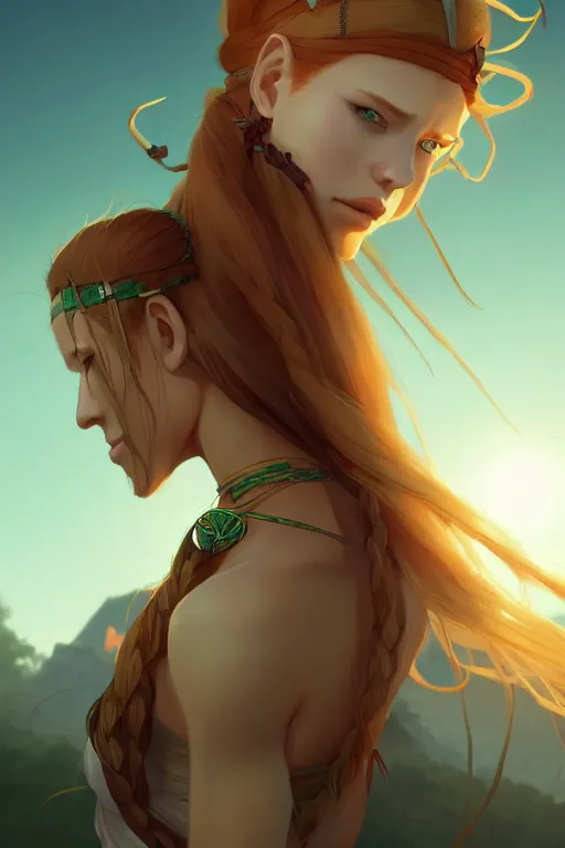 Prompt: long ginger hair, tanned woman in a prehistoric outfit, green eyes, fang necklace, by artgerm, hair tied in a ponytail, white backdrop, soft lighting, night scene, by greg rutkowski makoto shinkai takashi takeuchi