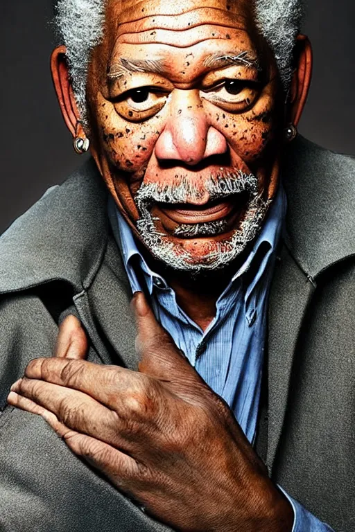 Image similar to Morgan Freeman reprising his role as Bilbo Baggins for a new Lord of the Rings spin-off directed by Peter Jackson, detailed face, good lighting, promo shoot, studio lighting