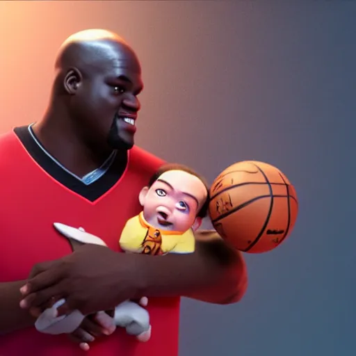 Prompt: a baby shaquille o ’ neal being held by a shocked asian man who can ’ t believe his eyes, pixar, 3 d render, artstation, unreal engine