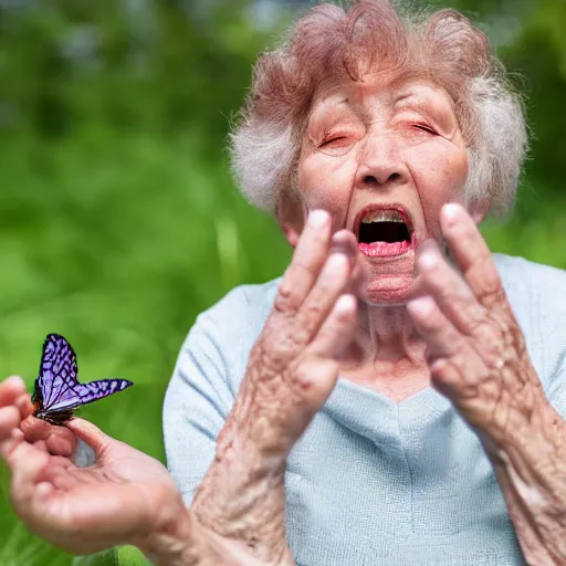 Prompt: elderly woman screaming at a butterfly, 🦋, canon eos r 3, f / 1. 4, iso 2 0 0, 1 / 1 6 0 s, 8 k, raw, unedited, symmetrical balance, wide angle