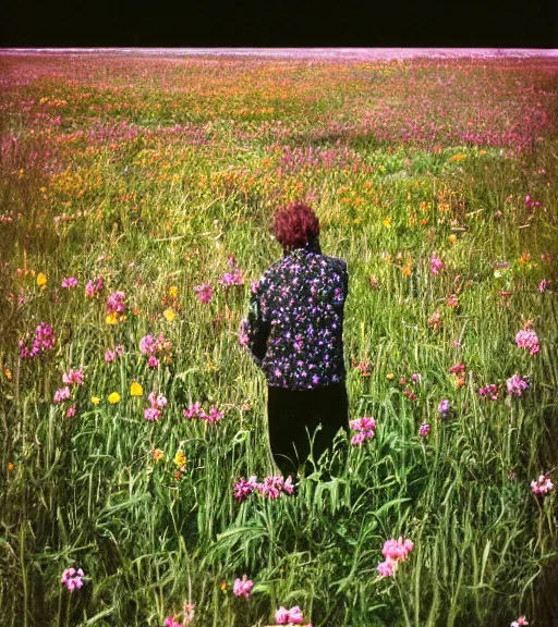 Image similar to mystical death god standing in tall meadow of flowers, distant, vintage film photo, grainy, high detail, high resolution