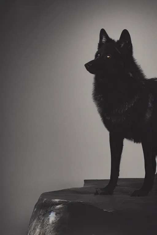 a black wolf sitting alone with white eyes, studio | Stable Diffusion