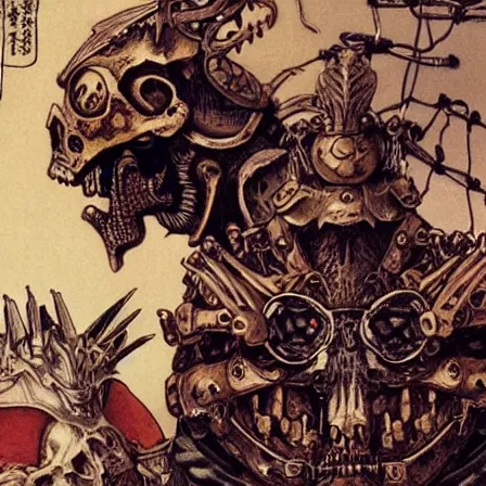 Image similar to still frame from Prometheus by Utagawa Kuniyoshi, lich king Dr doom in ornate bio cybernetic bone armour and skull mask helmet in hells bioship by Wayne Barlowe by peter Mohrbacher by Giger, dressed by Alexander McQueen and by Neri Oxman, metal couture hate couture editorial