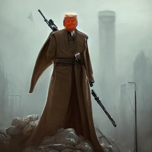 Prompt: Donald Trump as a jedi hero, capitol hill, post-apocalyptic, cinematic, atmospheric, highly detailed, artstation, stålenhag, Emanuel Leutze, Carl Wahlbom