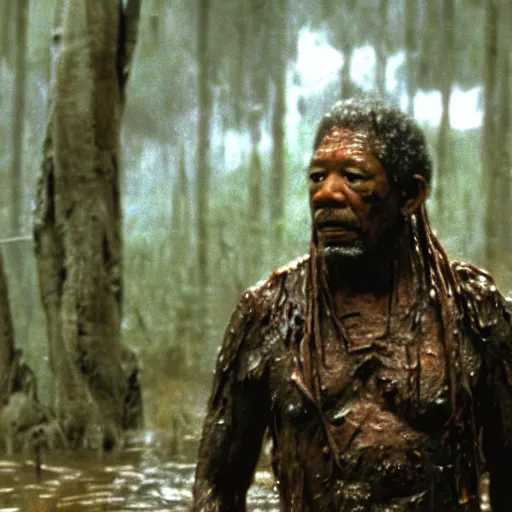 Prompt: cinematic still of morgan freeman, covered in mud and watching a predator in a swamp in 1 9 8 7 movie predator, hd, 4 k