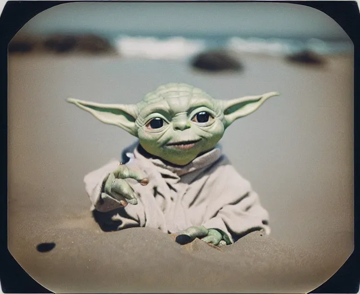 Prompt: polaroid photograph of a very detailed baby yoda!!. grogu. sharp face. at the beach next to a seagull!!!!. photo by martin parr and annie lebovitz. 2 4 mm lens