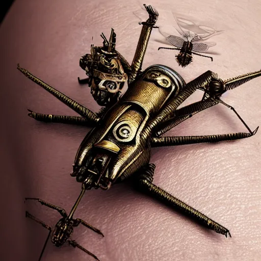 Prompt: robotic steampunk style Mosquito on skin, close-up shot, photorealistic, octane render, insanely detailed, intricate, bronze